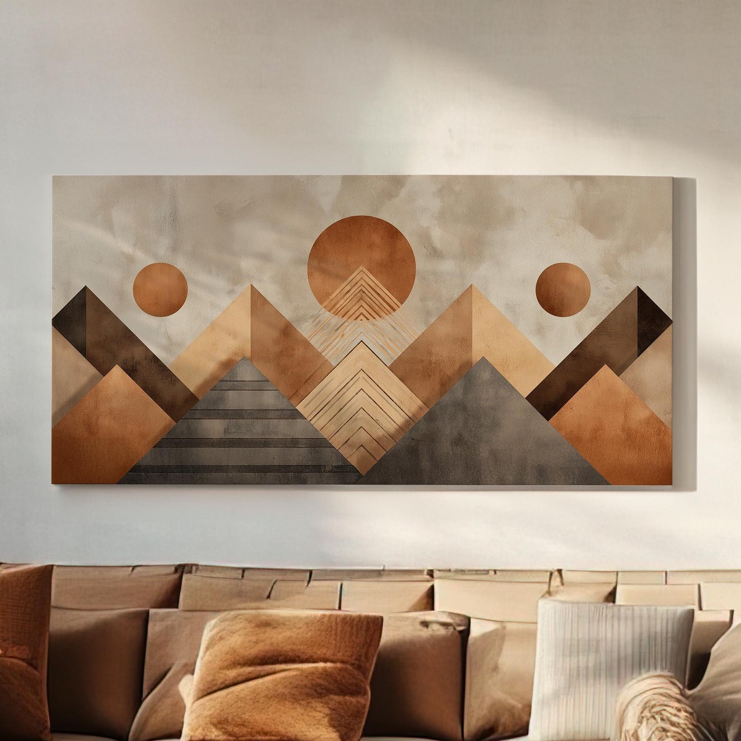Geometric Sun and Mountain Peaks Canvas Art | Abstract Print | Modern Wall Art for Living Room | Caramel Latte Art | Landscape Decor Art