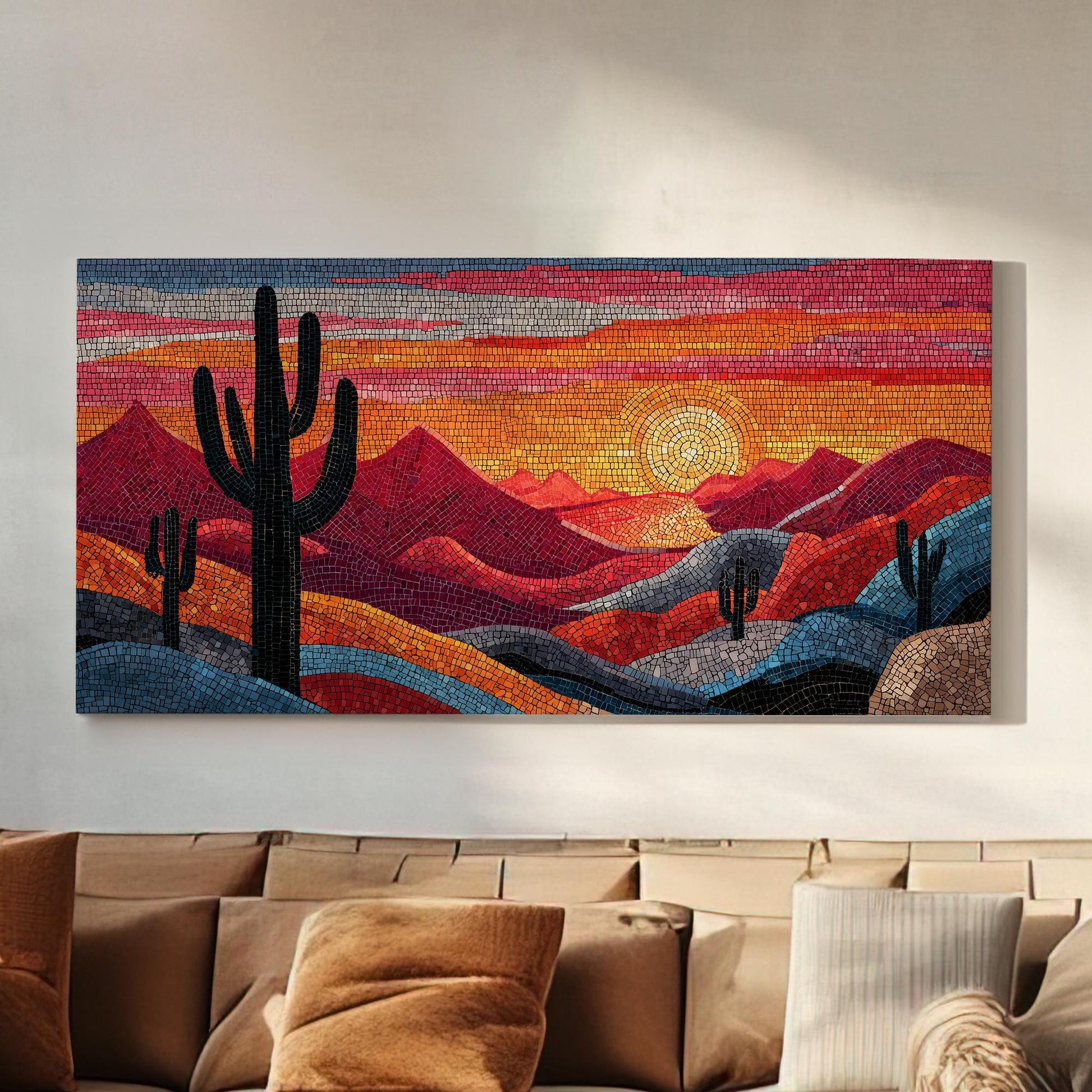 Vibrant Desert Mosaic Canvas Art | Abstract Print | Bohemian Wall Art For Living Room | Sunset Amber Art | Cactus Landscape Horizontal Art
