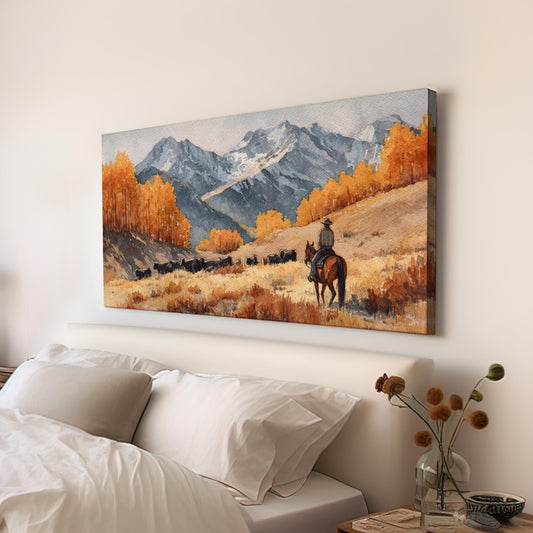 Rider in Autumn Valley Canvas Art | Western Landscape Print | Rustic Wall Art For Living Room | Amber Sunrise Art | Cattle Ranch Decor Art