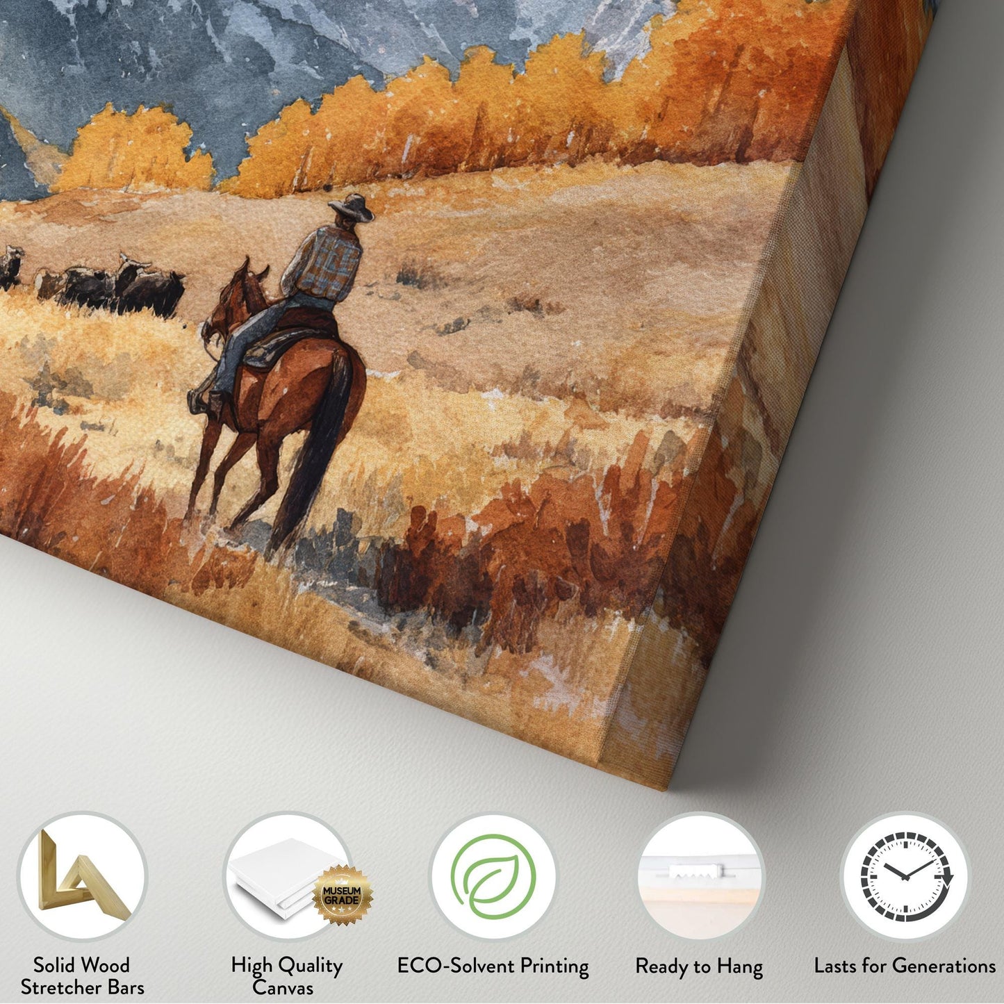 Rider in Autumn Valley Canvas Art | Western Landscape Print | Rustic Wall Art For Living Room | Amber Sunrise Art | Cattle Ranch Decor Art