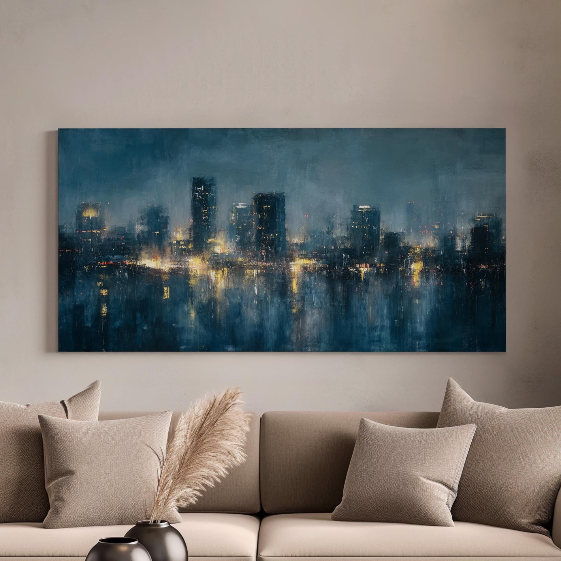 Urban Twilight Reflections Canvas Art | Impressionist Cityscape Print | Modern Wall Art For Living Room | Midnight Azure Art | Skyline Art