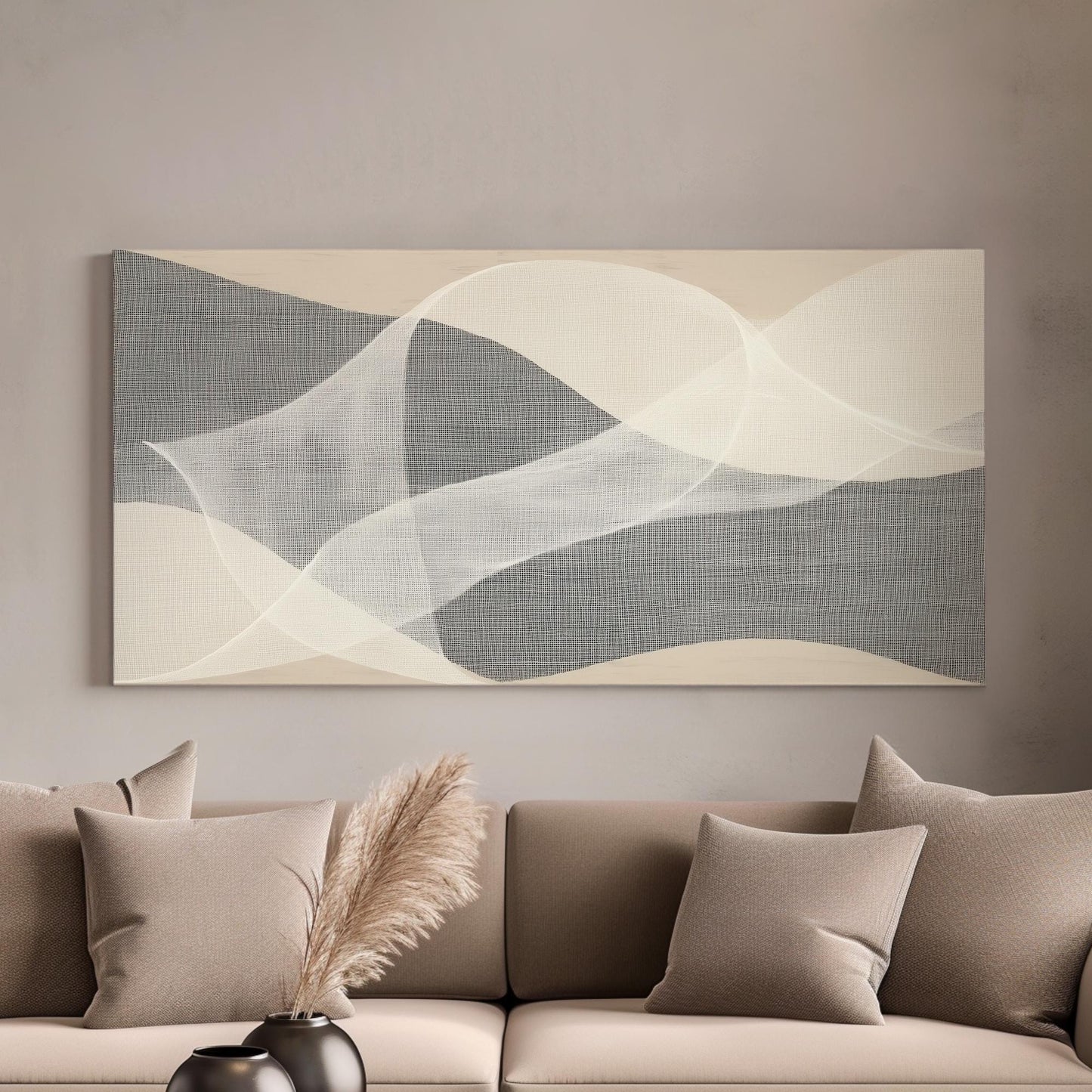 Serene Waves Canvas Art | Abstract Print | Minimalist Wall Art For Living Room | Mystic Gray Art | Flowing Design Decor Horizontal Art