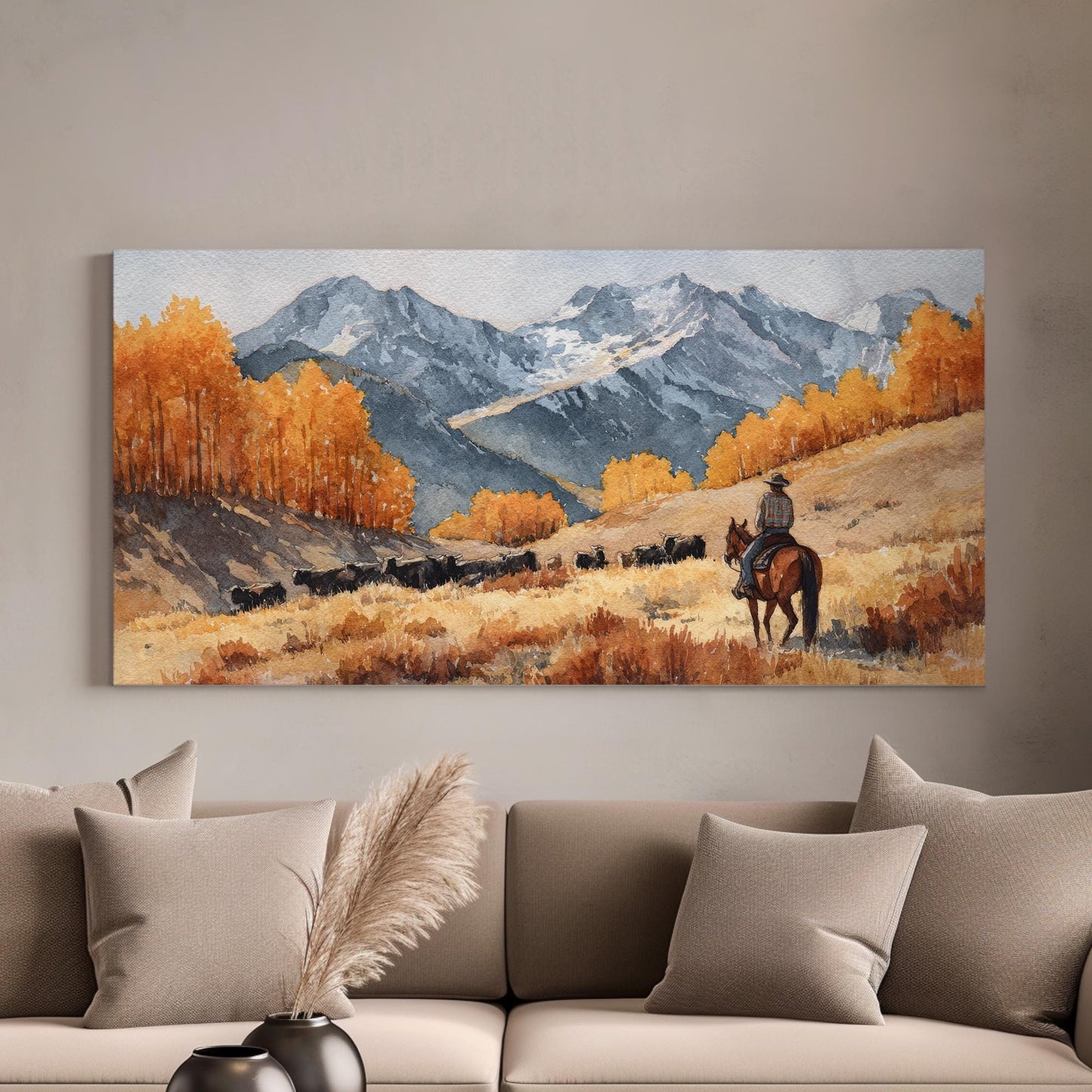 Rider in Autumn Valley Canvas Art | Western Landscape Print | Rustic Wall Art For Living Room | Amber Sunrise Art | Cattle Ranch Decor Art