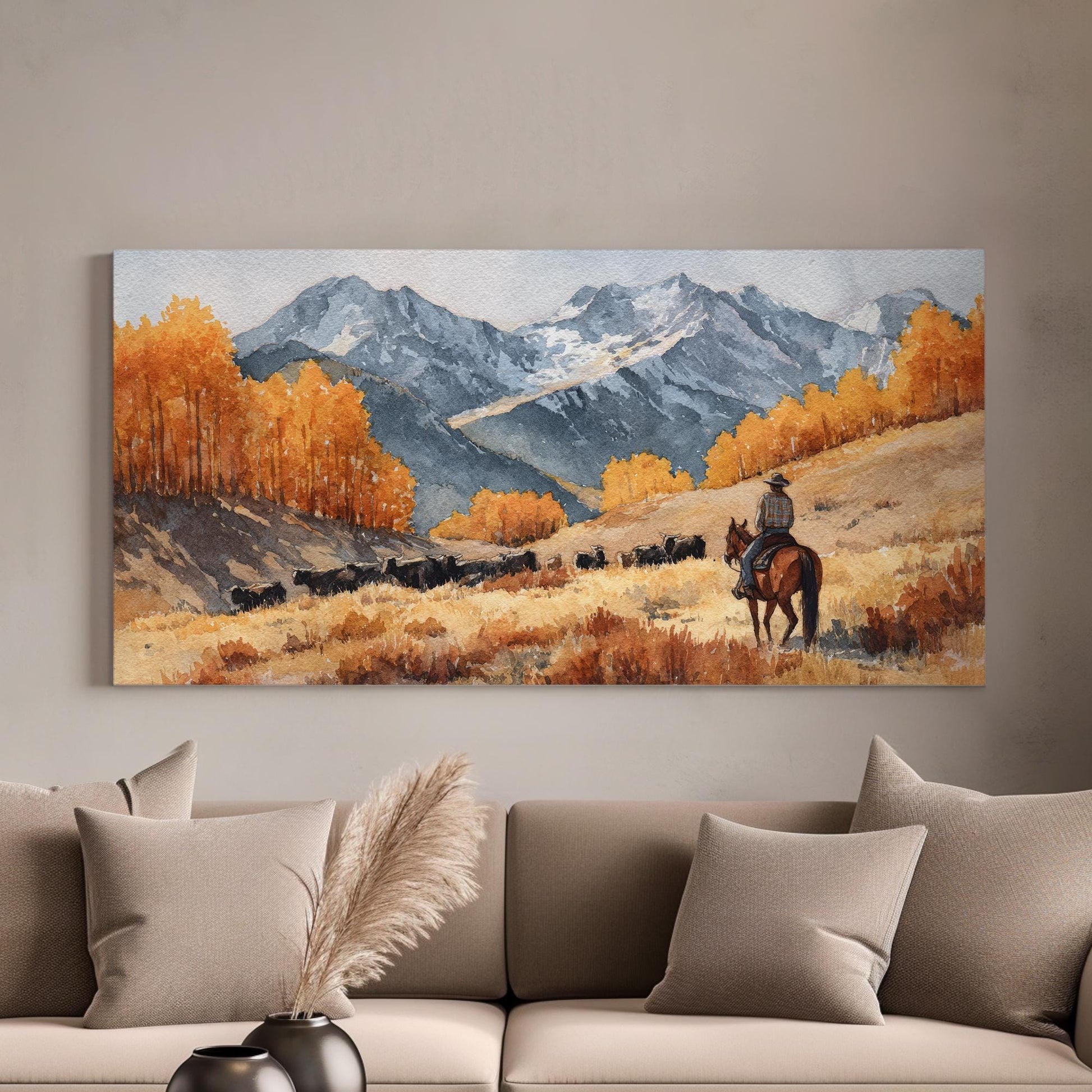 Rider in Autumn Valley Canvas Art | Western Landscape Print | Rustic Wall Art For Living Room | Amber Sunrise Art | Cattle Ranch Decor Art