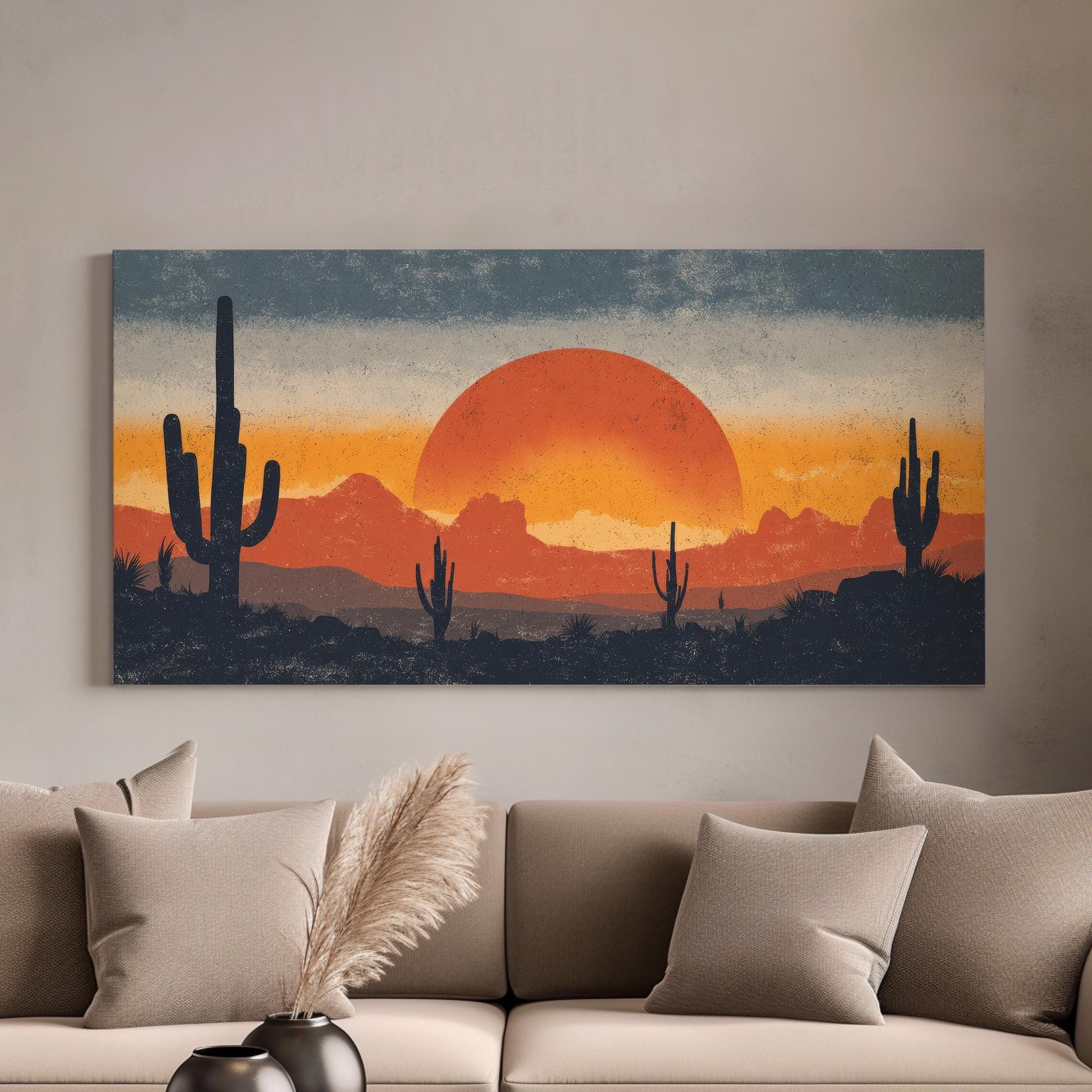 Sunset Over Cactus Canvas Art | Desert Twilight Print | Southwestern Wall Art For Living Room | Crimson Horizon Art | Landscape Decor Art
