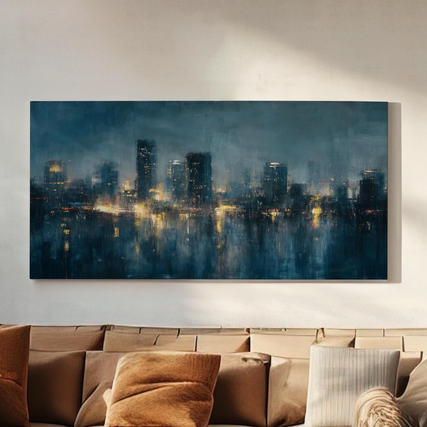 Urban Twilight Reflections Canvas Art | Impressionist Cityscape Print | Modern Wall Art For Living Room | Midnight Azure Art | Skyline Art