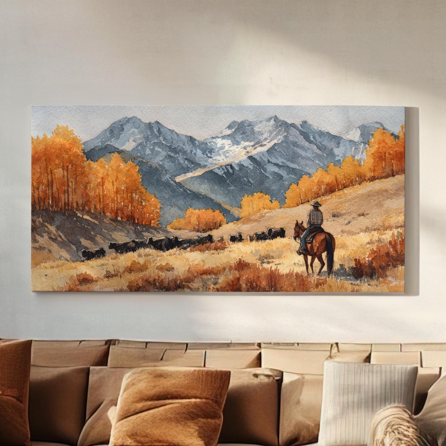 Rider in Autumn Valley Canvas Art | Western Landscape Print | Rustic Wall Art For Living Room | Amber Sunrise Art | Cattle Ranch Decor Art