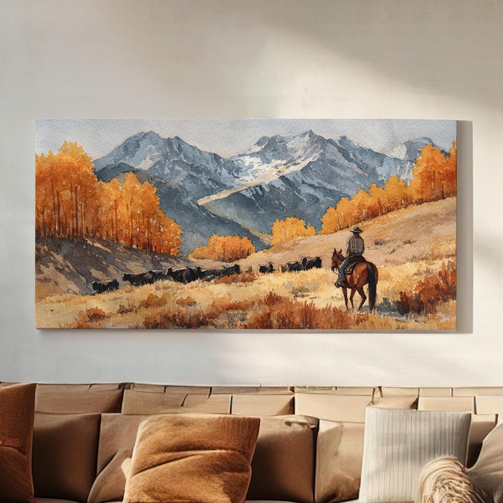 Rider in Autumn Valley Canvas Art | Western Landscape Print | Rustic Wall Art For Living Room | Amber Sunrise Art | Cattle Ranch Decor Art
