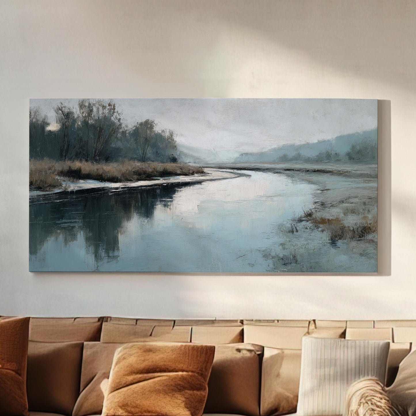 Serene Riverbend Canvas Art | Impressionist Print | Tranquil Wall Art For Bedroom | Icy Blue Art | Landscape Decor Horizontal Art