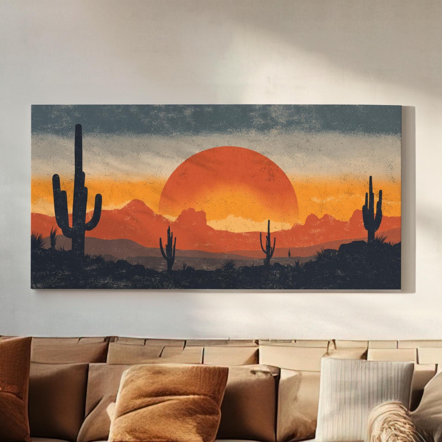Sunset Over Cactus Canvas Art | Desert Twilight Print | Southwestern Wall Art For Living Room | Crimson Horizon Art | Landscape Decor Art
