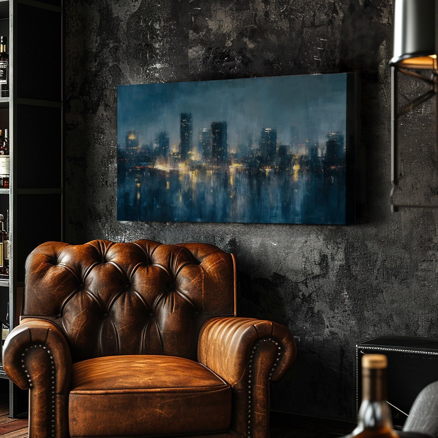 Urban Twilight Reflections Canvas Art | Impressionist Cityscape Print | Modern Wall Art For Living Room | Midnight Azure Art | Skyline Art