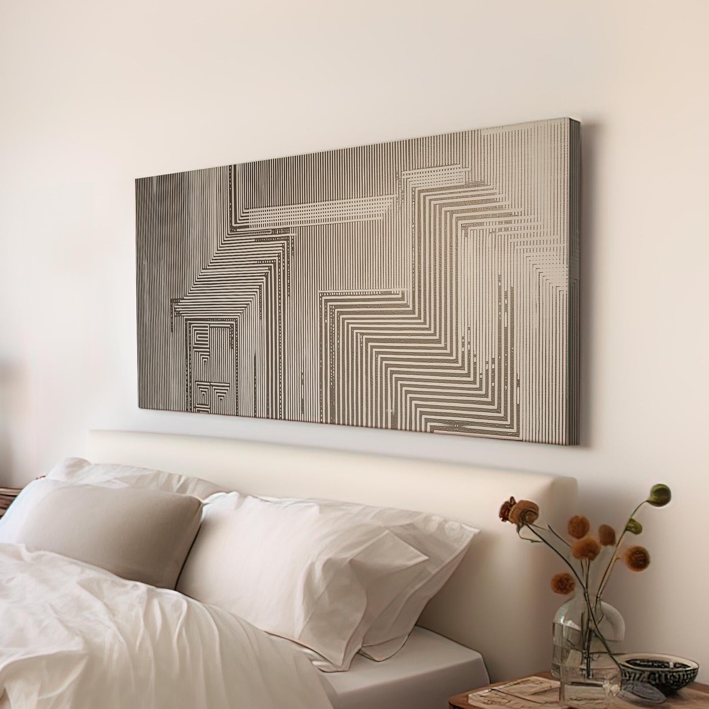 Geometric Maze Canvas Art | Abstract Line Print | Contemporary Wall Art For Office | Stone Beige Art | Pattern Decor Horizontal Art