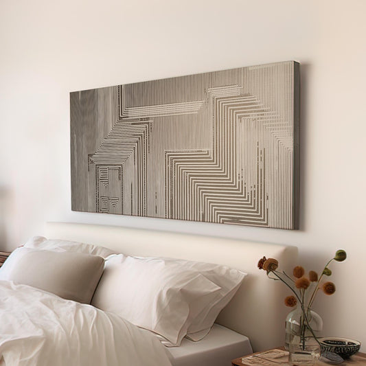 Geometric Maze Canvas Art | Abstract Line Print | Contemporary Wall Art For Office | Stone Beige Art | Pattern Decor Horizontal Art