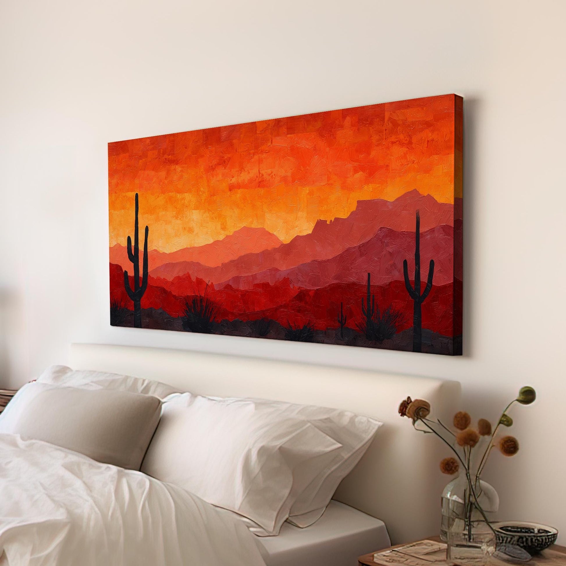 Fiery Desert Sunset Canvas Art | Impressionist Print | Rustic Wall Art For Living Room | Sunset Ember Art | Cactus Landscape Horizontal Art