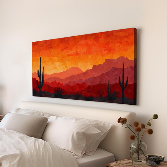 Fiery Desert Sunset Canvas Art | Impressionist Print | Rustic Wall Art For Living Room | Sunset Ember Art | Cactus Landscape Horizontal Art