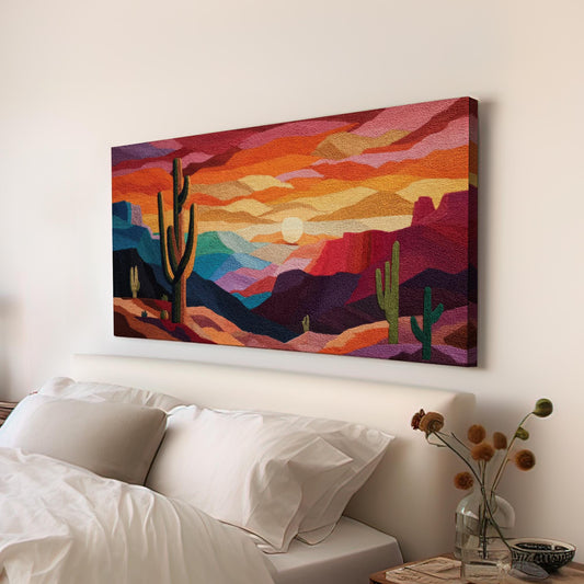 Desert Sunset Symphony Canvas Art | Abstract Landscape Print | Southwestern Style Wall Art For Living Room | Sunset Ember Art | Cactus Art
