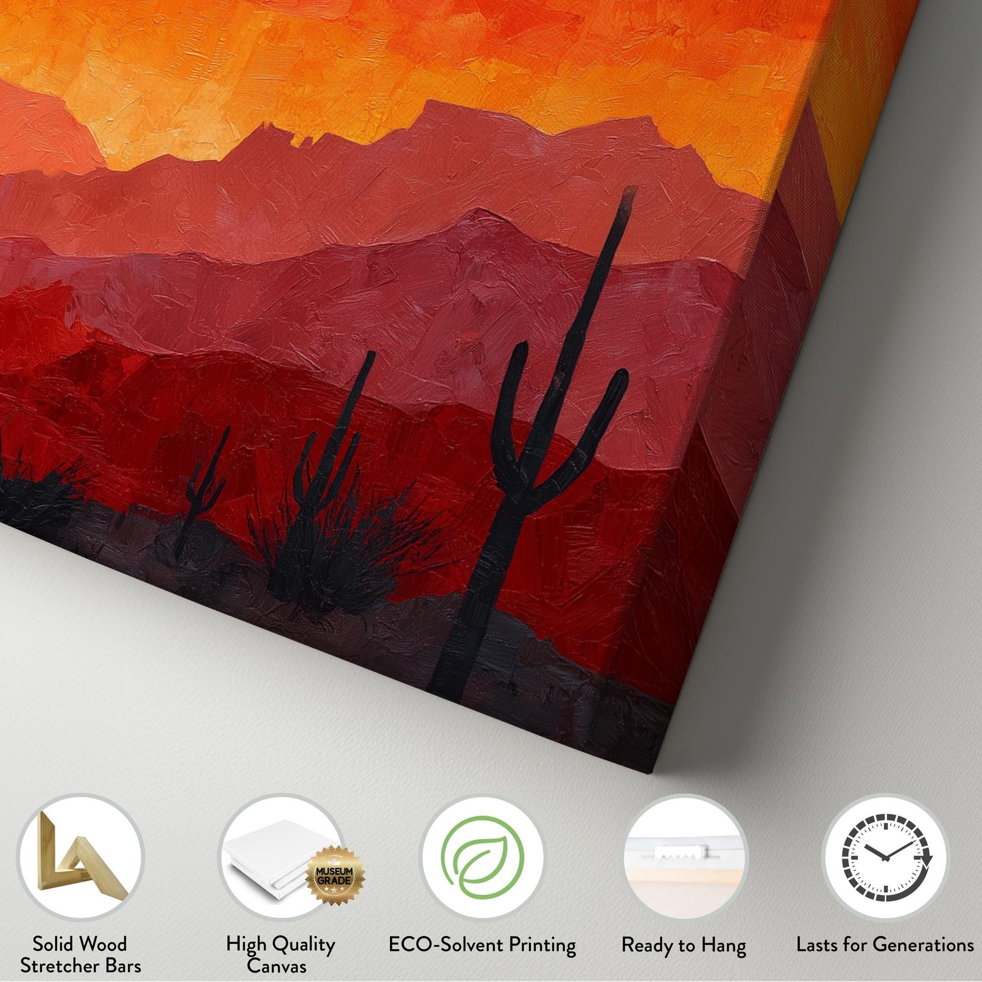Fiery Desert Sunset Canvas Art | Impressionist Print | Rustic Wall Art For Living Room | Sunset Ember Art | Cactus Landscape Horizontal Art