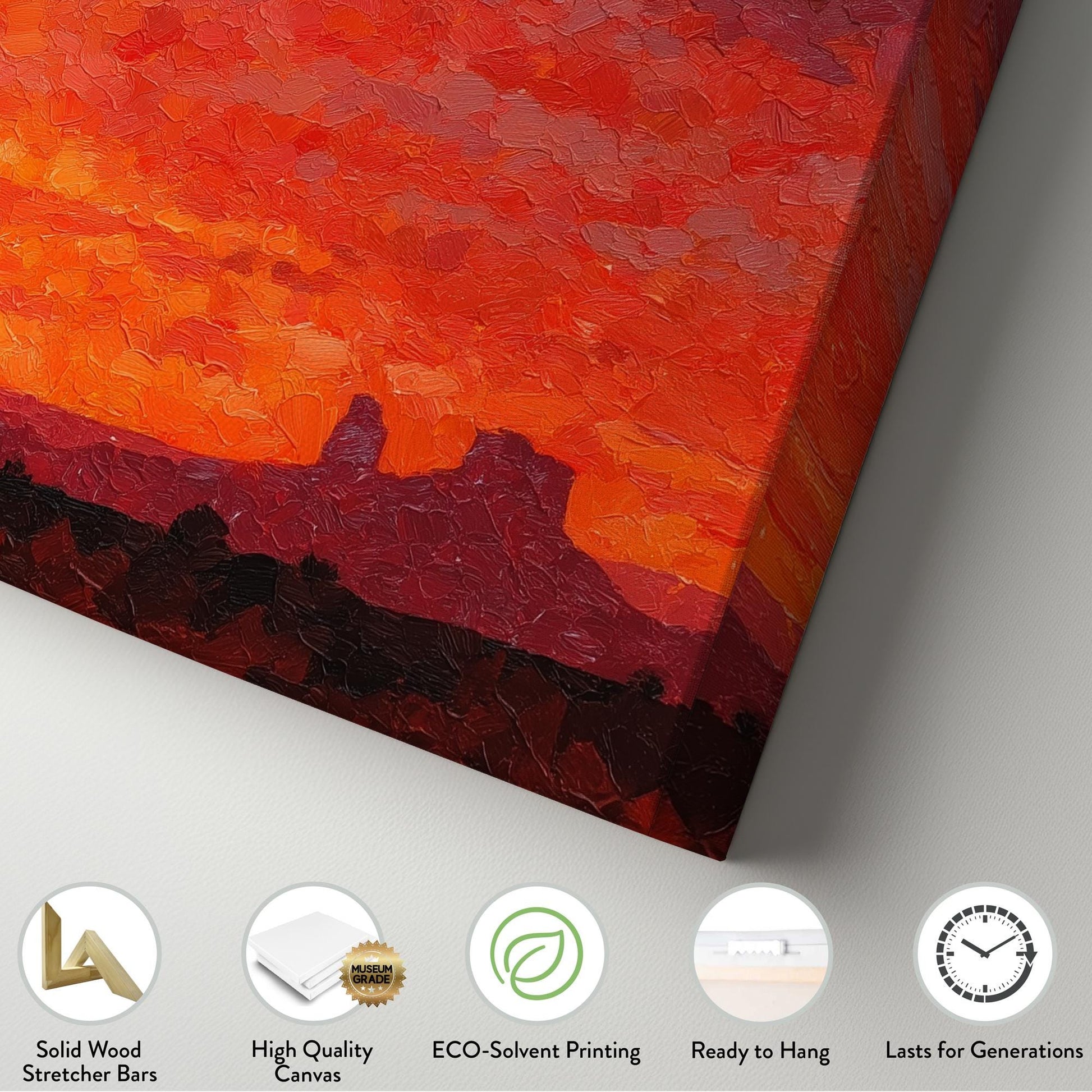 Desert Dusk Canvas Art | Impressionist Sunset Print | Rustic Wall Art For Living Room | Fiery Ember Art | Cactus Landscape Horizontal Art