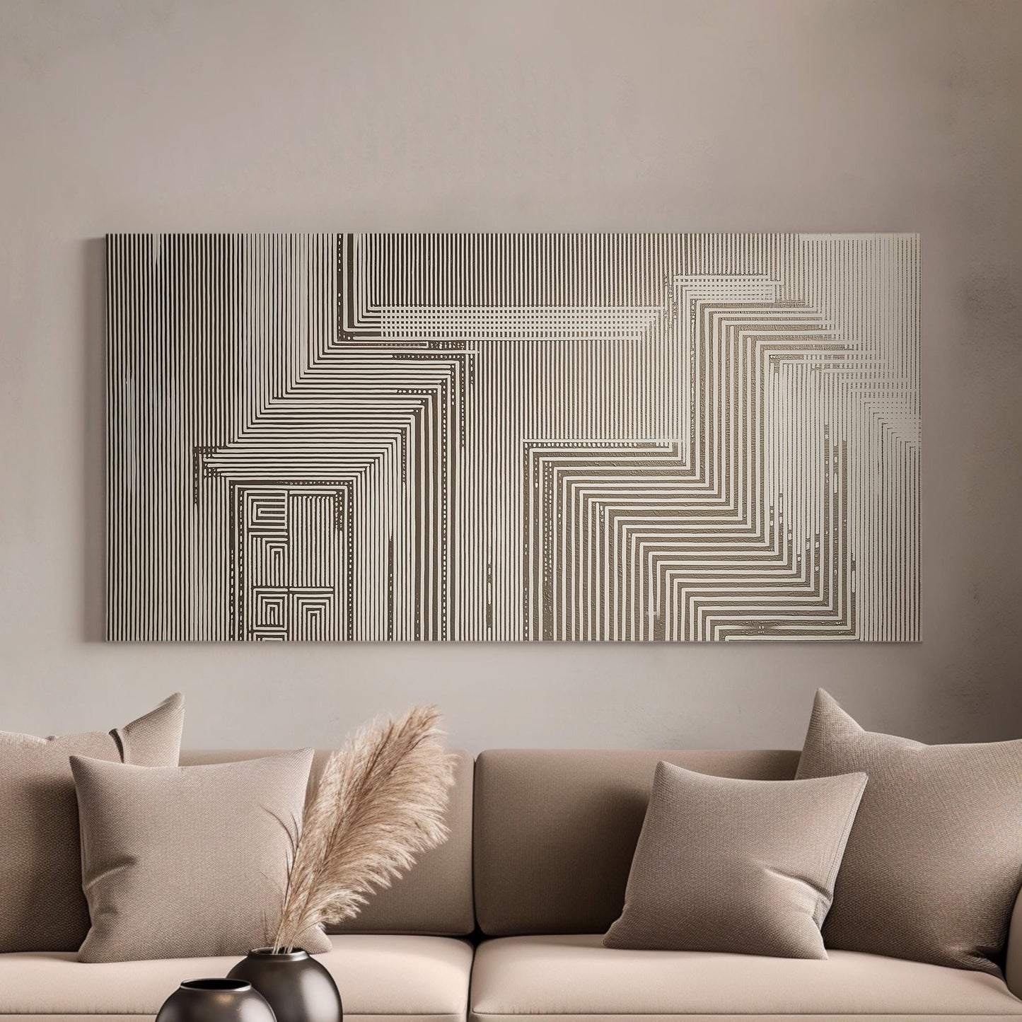 Geometric Maze Canvas Art | Abstract Line Print | Contemporary Wall Art For Office | Stone Beige Art | Pattern Decor Horizontal Art