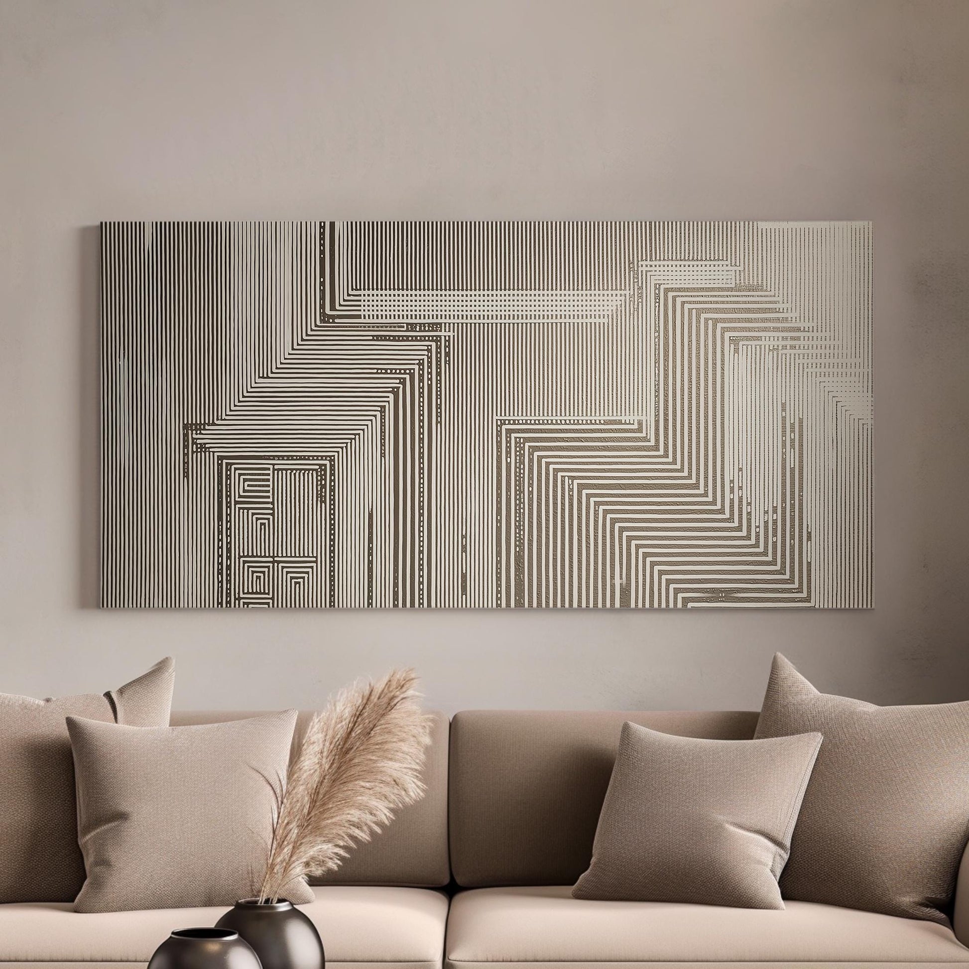 Geometric Maze Canvas Art | Abstract Line Print | Contemporary Wall Art For Office | Stone Beige Art | Pattern Decor Horizontal Art