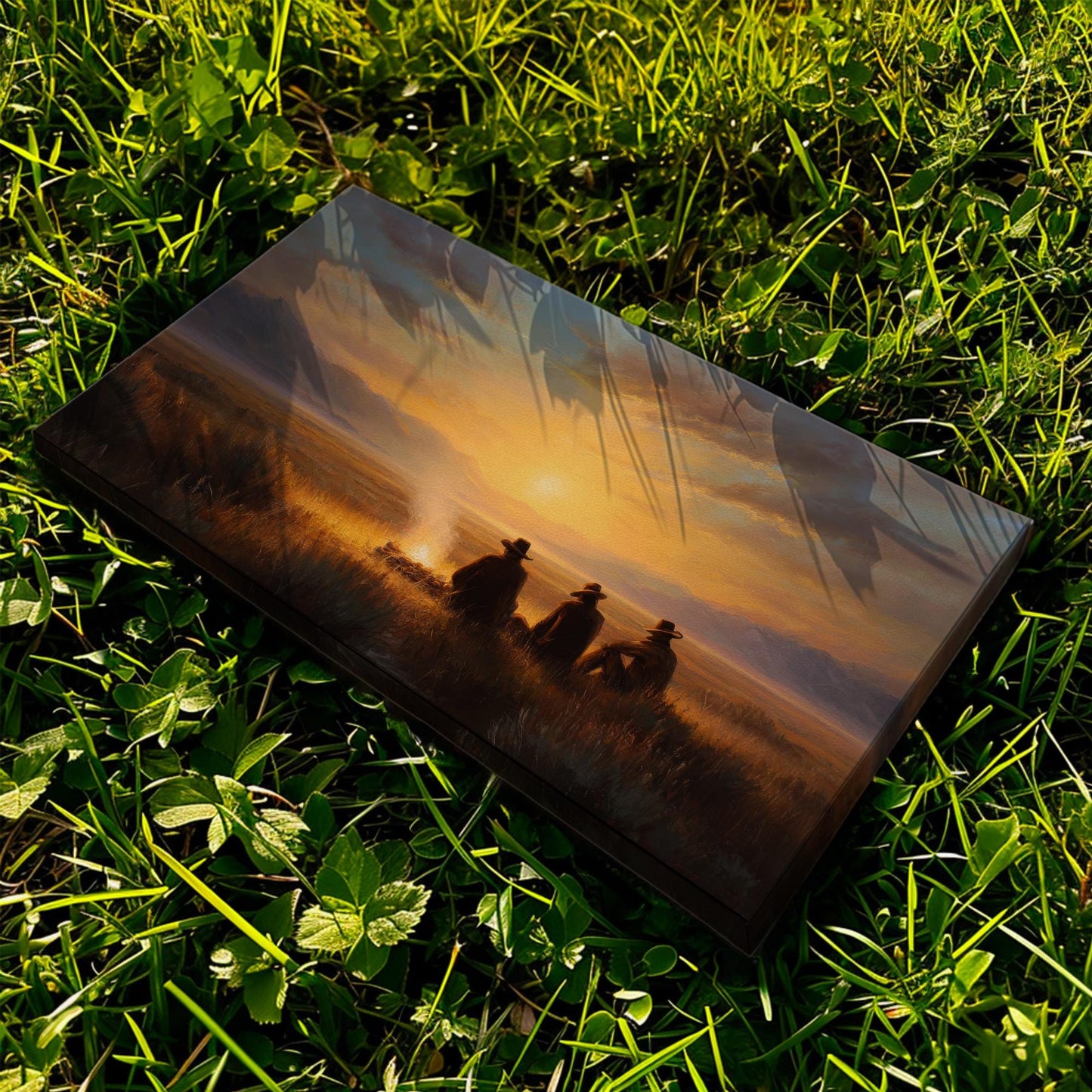 Campfire Sunset Reflections Canvas Art | Western Landscape Print | Rustic Wall Art For Living Room | Amber Glow Art | Evening Gathering Art
