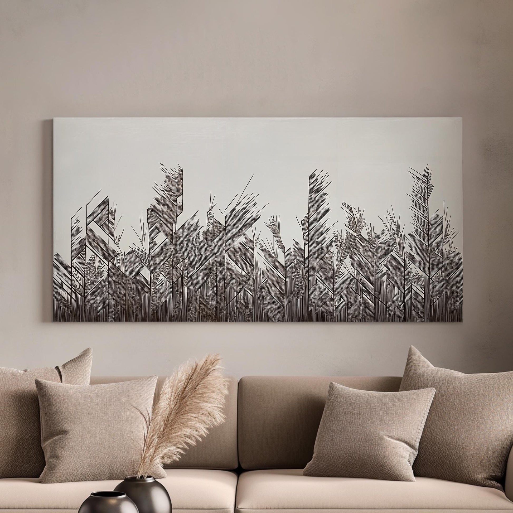 Geometric Fronds Canvas Art | Abstract Minimalist Print | Modern Wall Art For Living Room | Charcoal Whisper Art | Botanical Horizontal Art