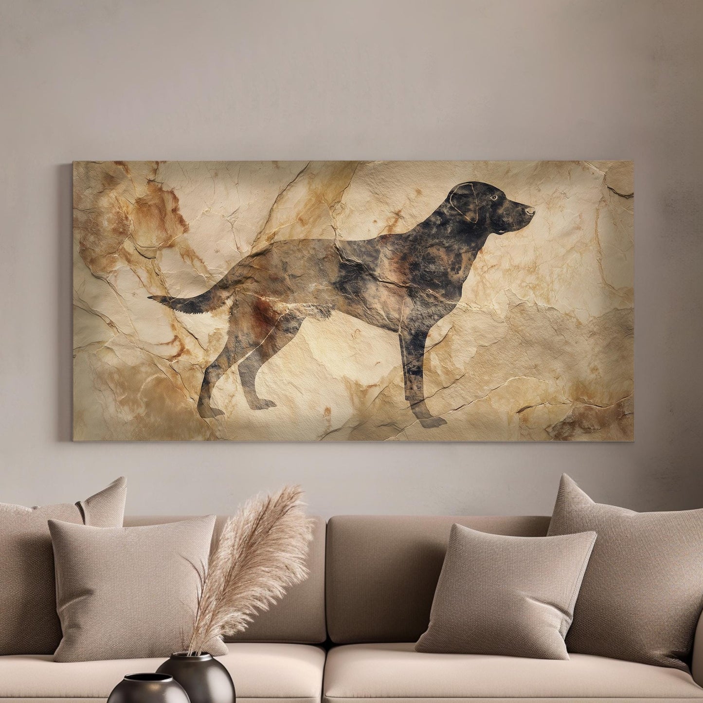 Dog Silhouette Canvas Art | Rustic Print | Rustic Wall Art For Living Room | Sepia Sand Art | Animal Decor Horizontal Art