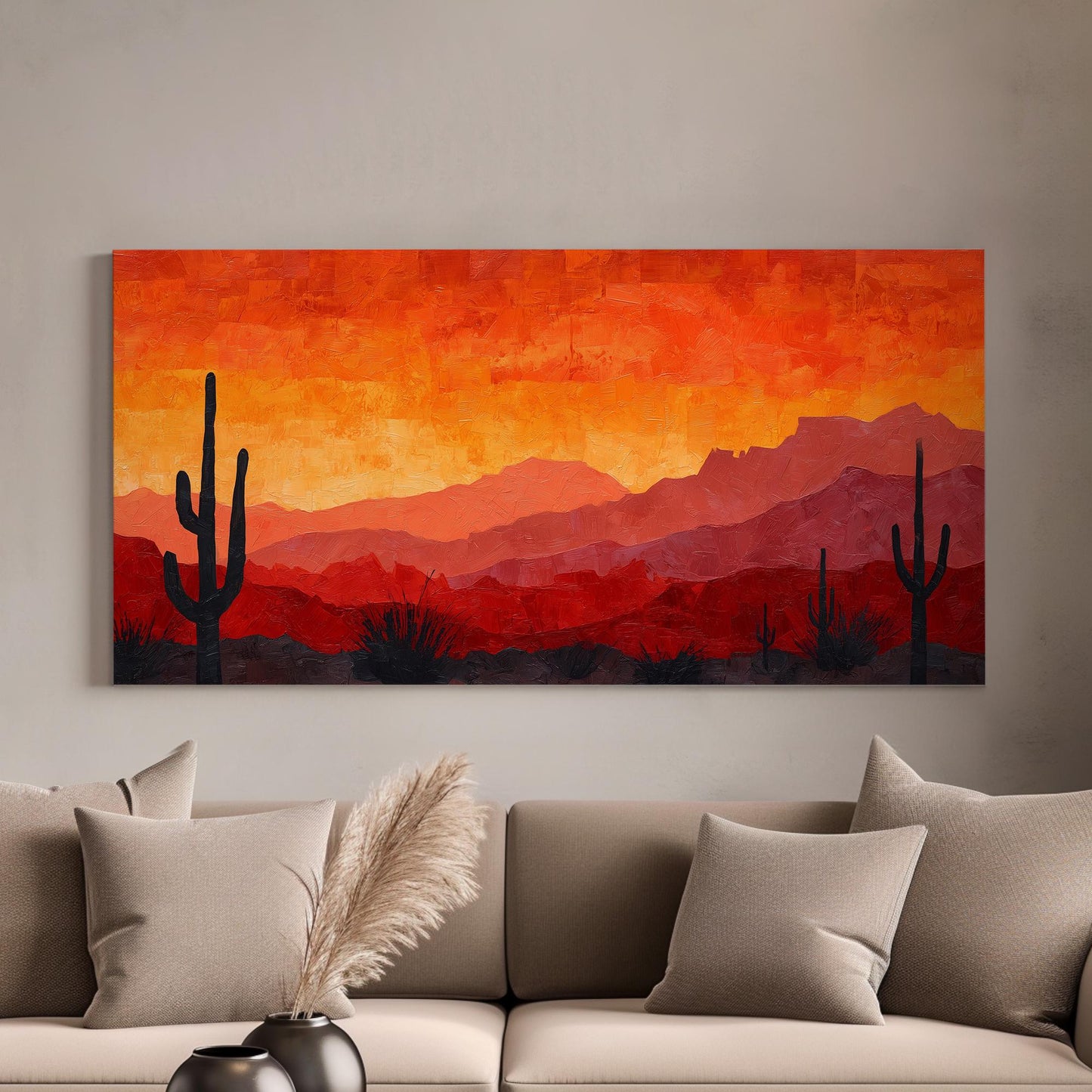 Fiery Desert Sunset Canvas Art | Impressionist Print | Rustic Wall Art For Living Room | Sunset Ember Art | Cactus Landscape Horizontal Art