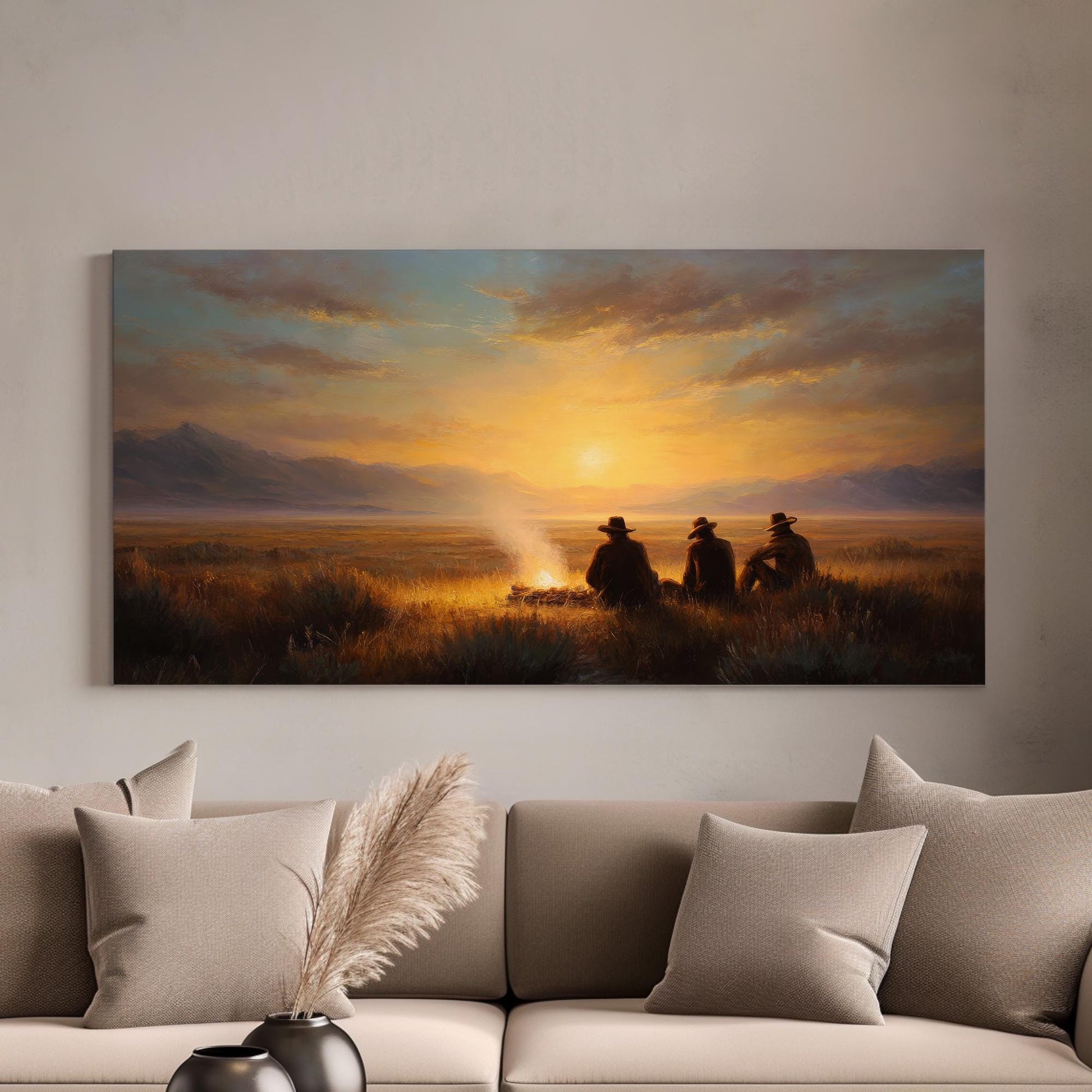 Campfire Sunset Reflections Canvas Art | Western Landscape Print | Rustic Wall Art For Living Room | Amber Glow Art | Evening Gathering Art