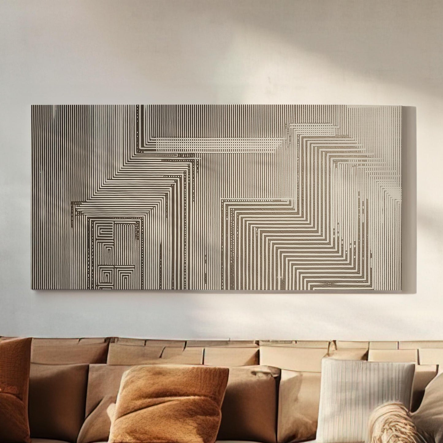 Geometric Maze Canvas Art | Abstract Line Print | Contemporary Wall Art For Office | Stone Beige Art | Pattern Decor Horizontal Art