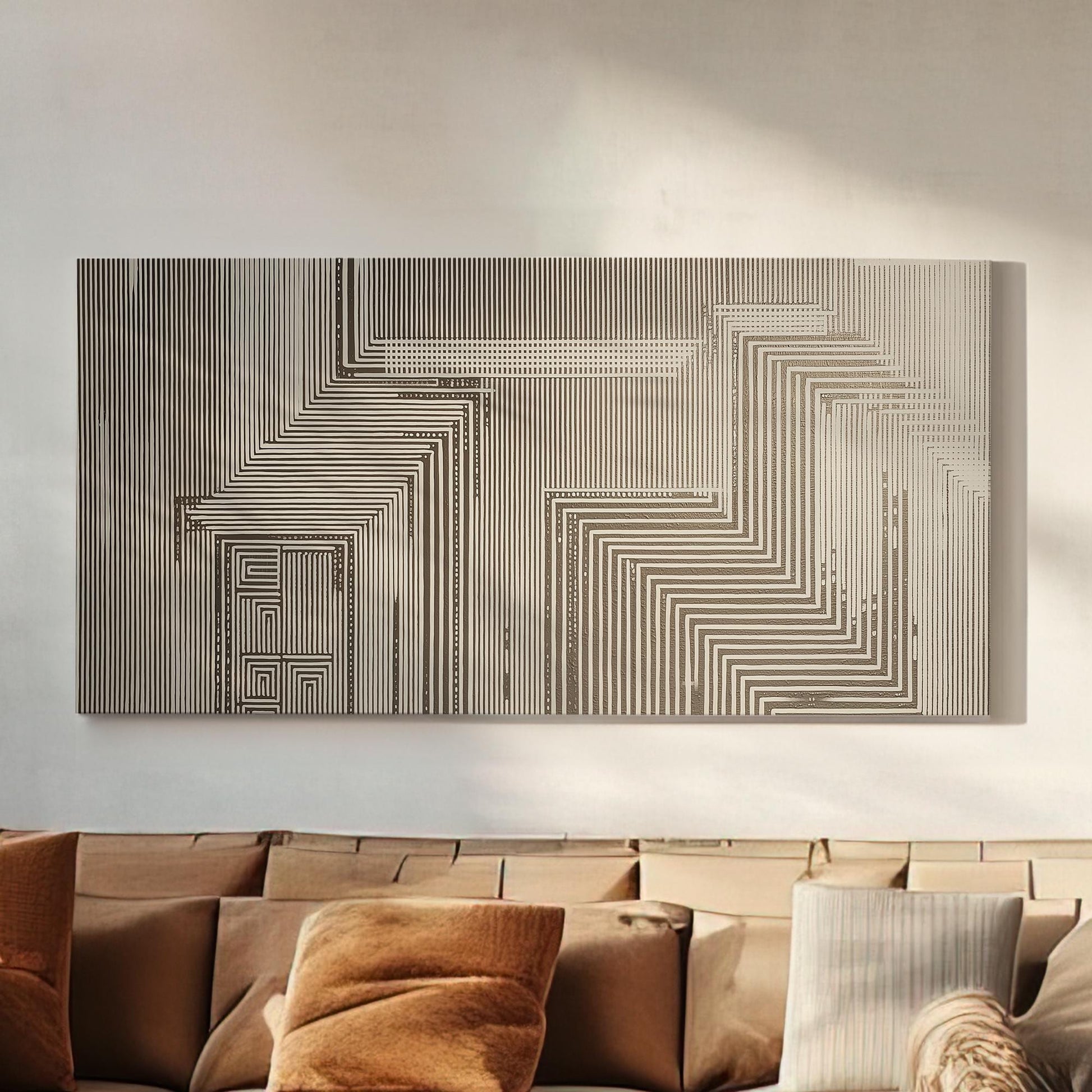 Geometric Maze Canvas Art | Abstract Line Print | Contemporary Wall Art For Office | Stone Beige Art | Pattern Decor Horizontal Art