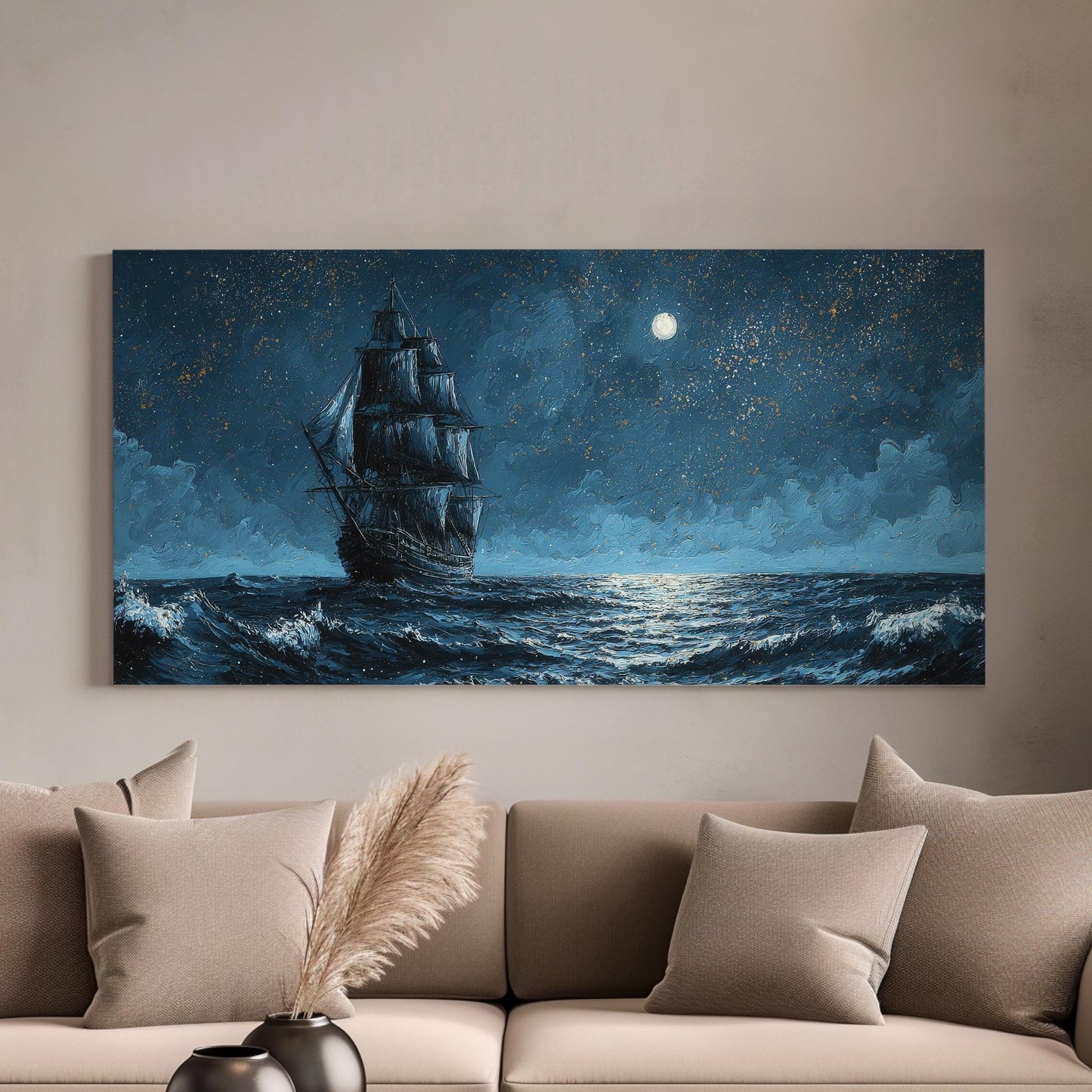 Moonlit Voyage Canvas Art | Impressionist Print | Nautical Wall Art For Bedroom | Celestial Midnight Art | Ship Decor Horizontal Art