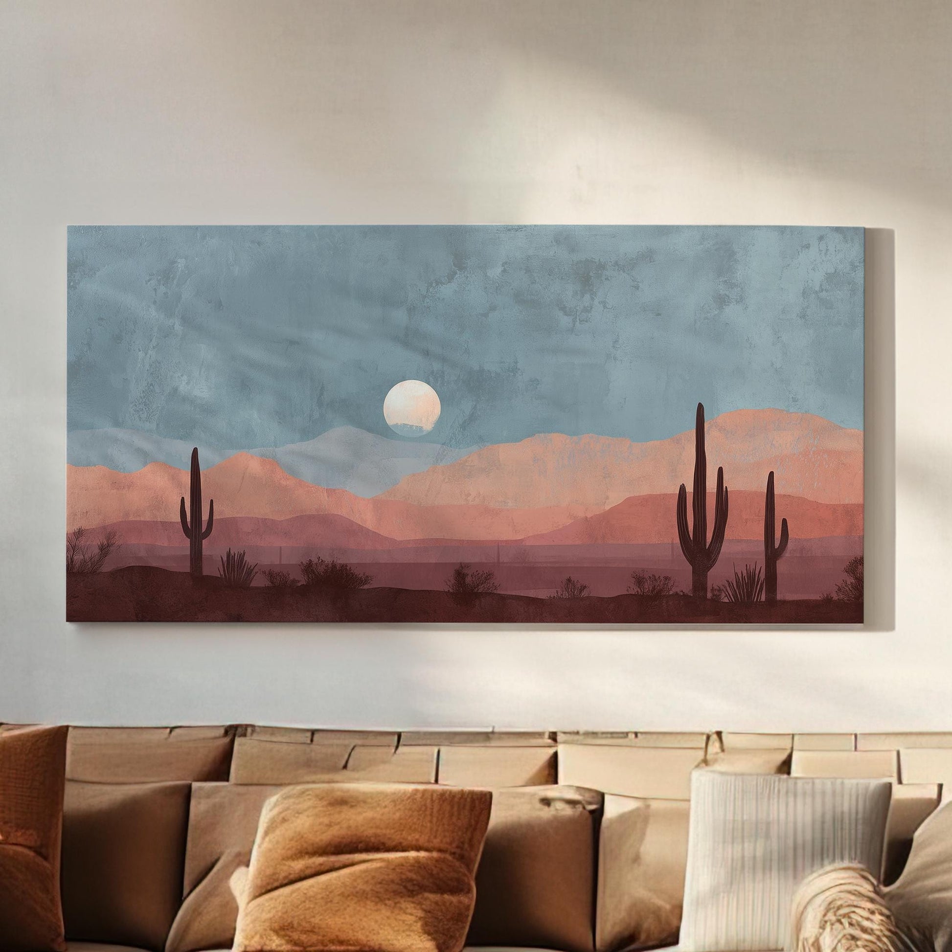Desert Moonrise Canvas Art | Southwestern Landscape Print | Bohemian Wall Art For Living Room | Dusty Sky Art | Cactus Decor Horizontal Art
