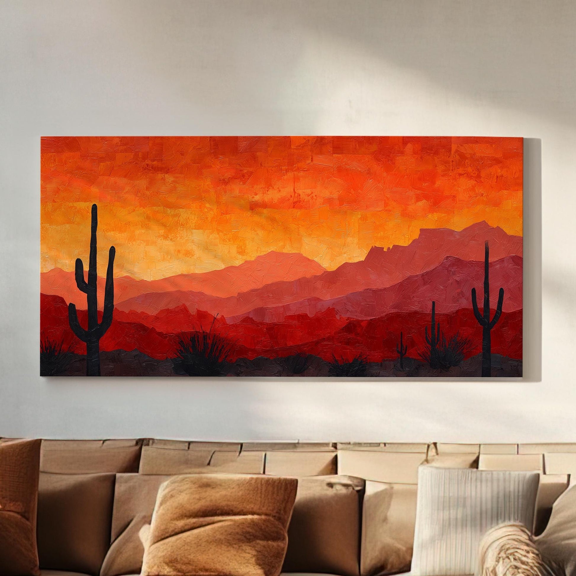Fiery Desert Sunset Canvas Art | Impressionist Print | Rustic Wall Art For Living Room | Sunset Ember Art | Cactus Landscape Horizontal Art