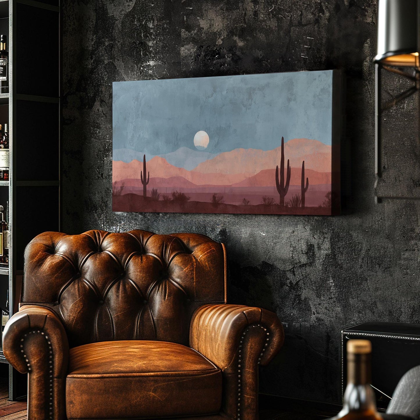 Desert Moonrise Canvas Art | Southwestern Landscape Print | Bohemian Wall Art For Living Room | Dusty Sky Art | Cactus Decor Horizontal Art