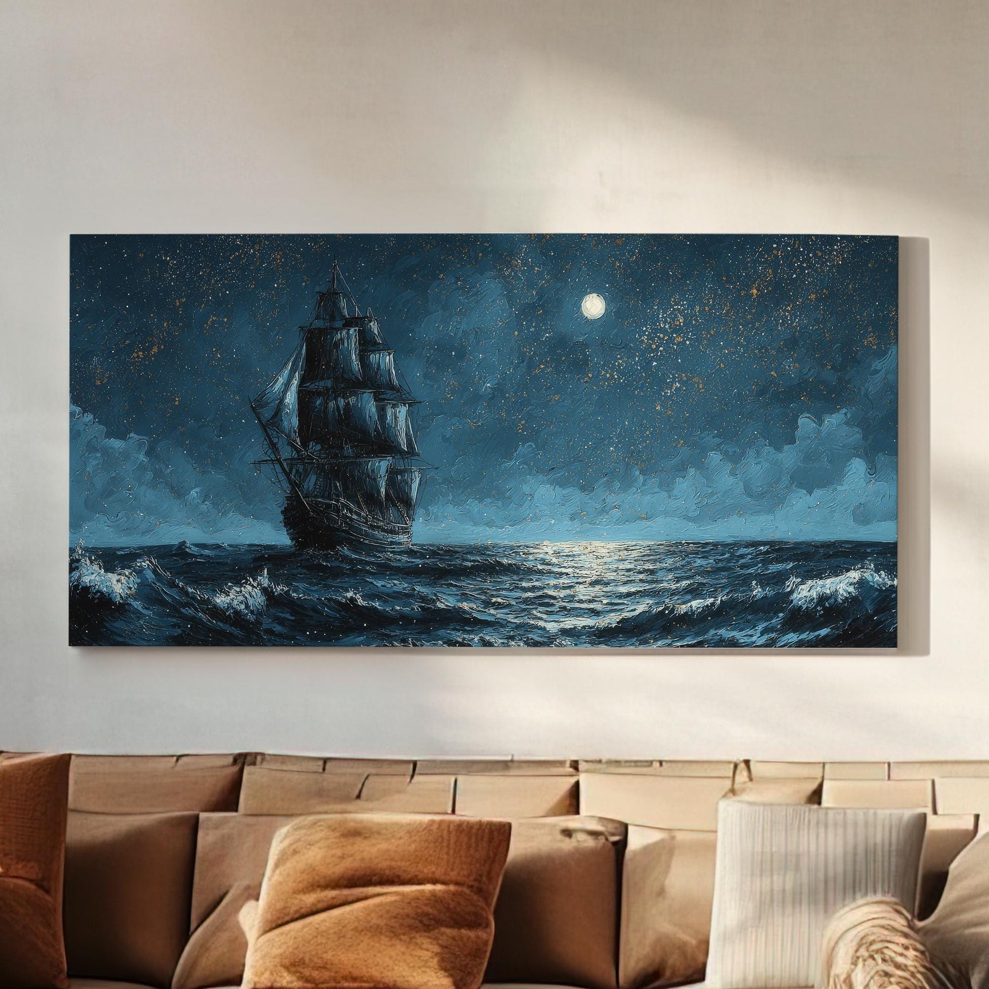 Moonlit Voyage Canvas Art | Impressionist Print | Nautical Wall Art For Bedroom | Celestial Midnight Art | Ship Decor Horizontal Art