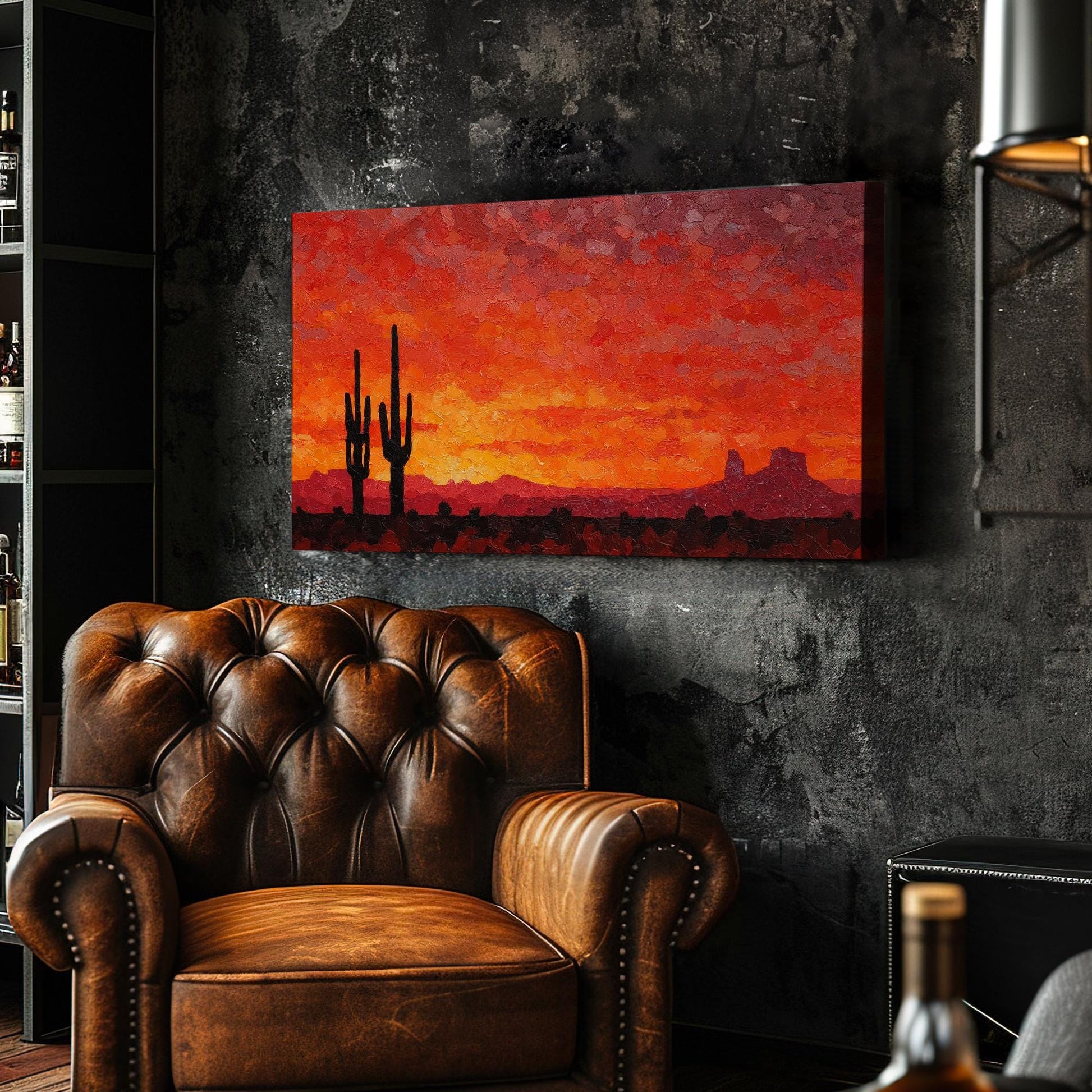 Desert Dusk Canvas Art | Impressionist Sunset Print | Rustic Wall Art For Living Room | Fiery Ember Art | Cactus Landscape Horizontal Art