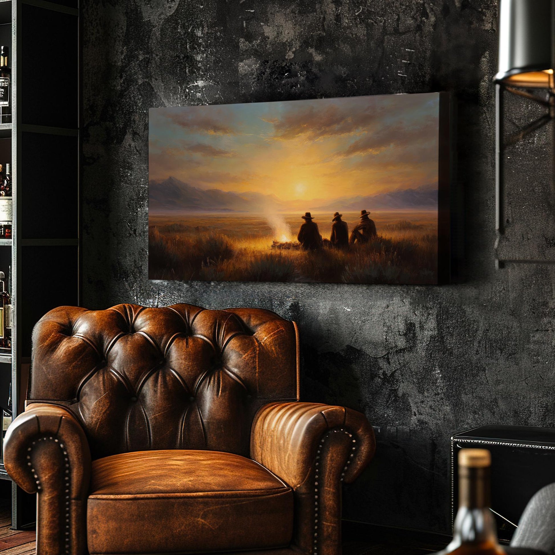 Campfire Sunset Reflections Canvas Art | Western Landscape Print | Rustic Wall Art For Living Room | Amber Glow Art | Evening Gathering Art