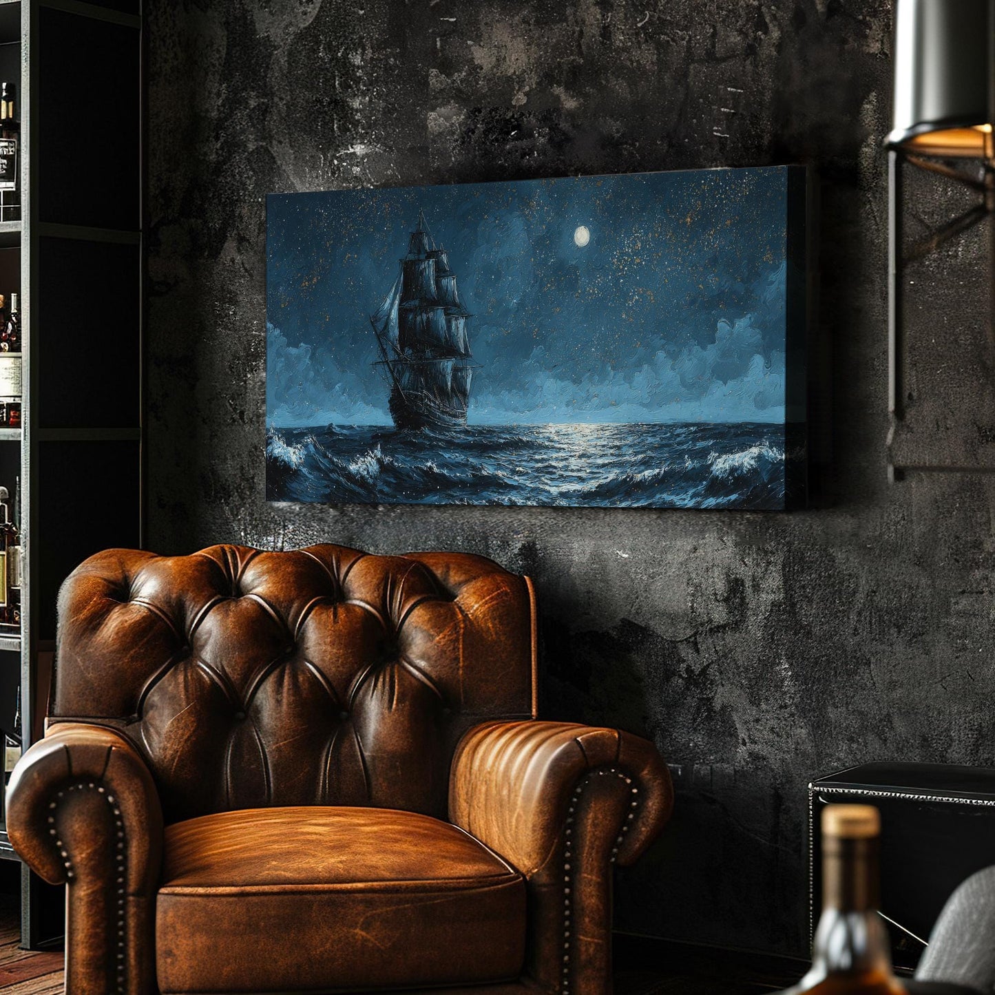 Moonlit Voyage Canvas Art | Impressionist Print | Nautical Wall Art For Bedroom | Celestial Midnight Art | Ship Decor Horizontal Art