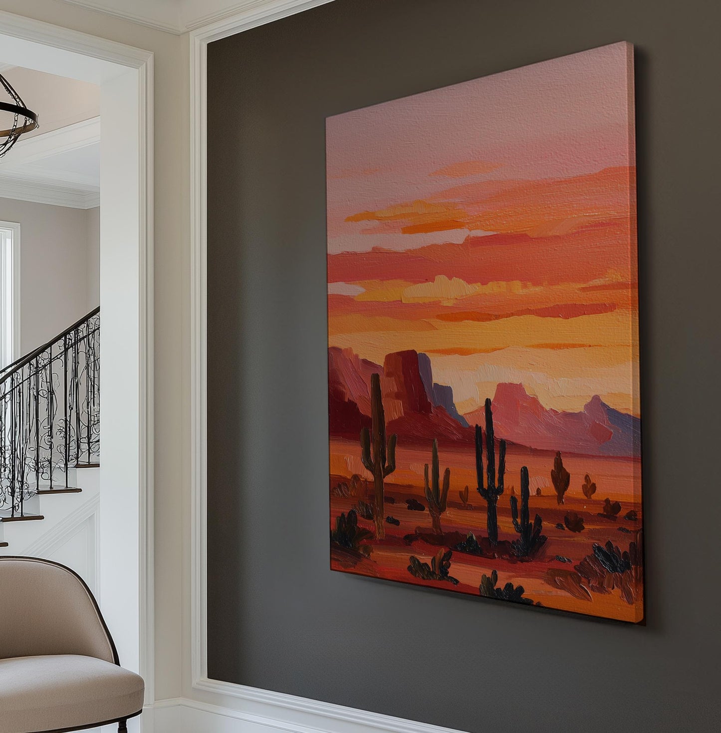 Sunset Cacti Canvas Art Impressionist Landscape Print Southwestern Wall Art For Living Room Desert Sunburst Art Cactus Decor Vertical Canvas