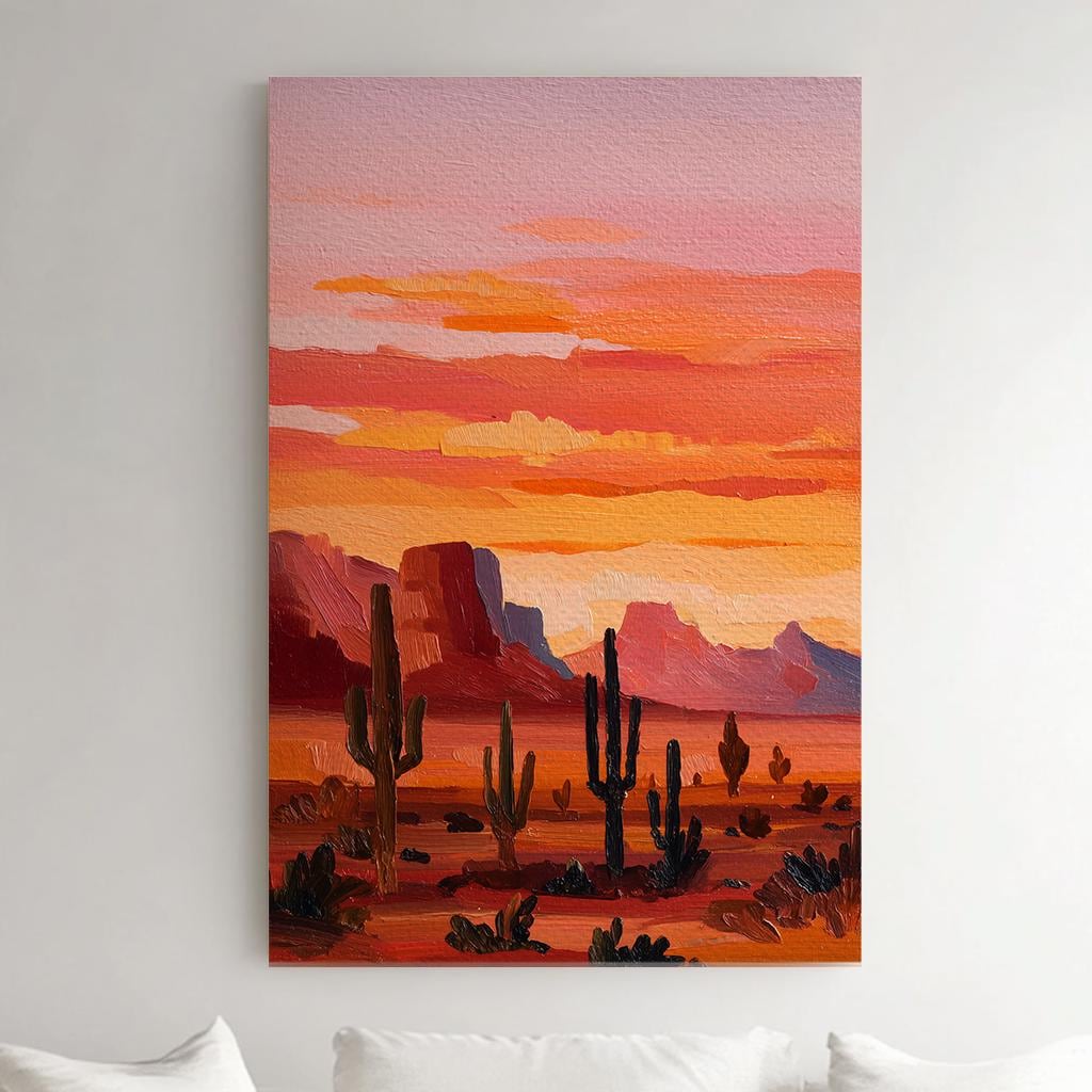 Sunset Cacti Canvas Art Impressionist Landscape Print Southwestern Wall Art For Living Room Desert Sunburst Art Cactus Decor Vertical Canvas