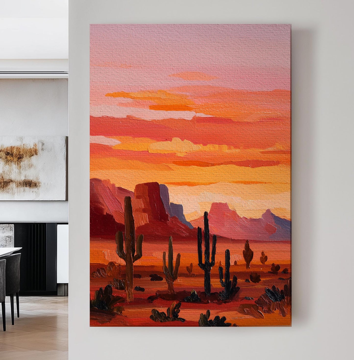 Sunset Cacti Canvas Art Impressionist Landscape Print Southwestern Wall Art For Living Room Desert Sunburst Art Cactus Decor Vertical Canvas