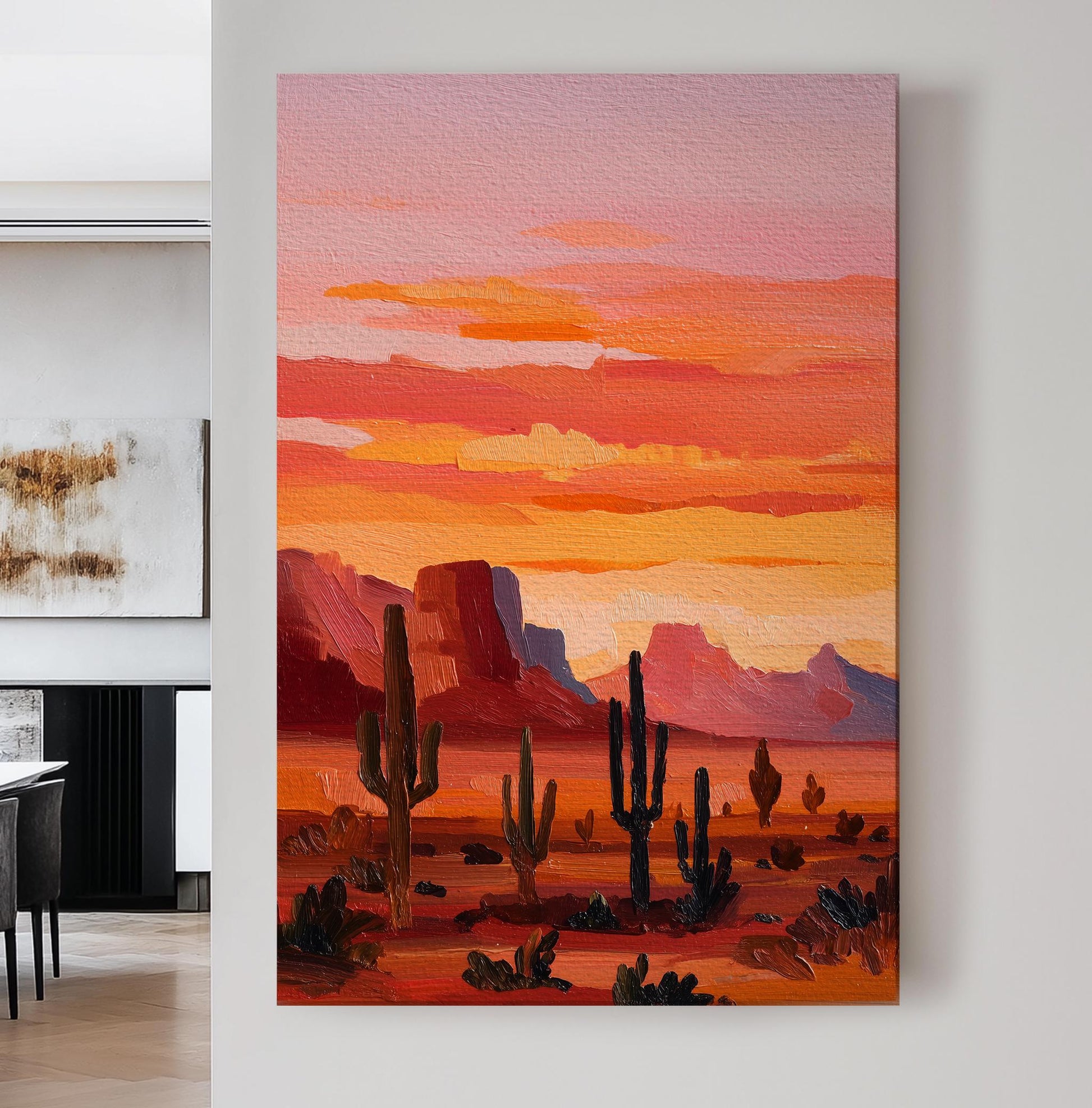 Sunset Cacti Canvas Art Impressionist Landscape Print Southwestern Wall Art For Living Room Desert Sunburst Art Cactus Decor Vertical Canvas