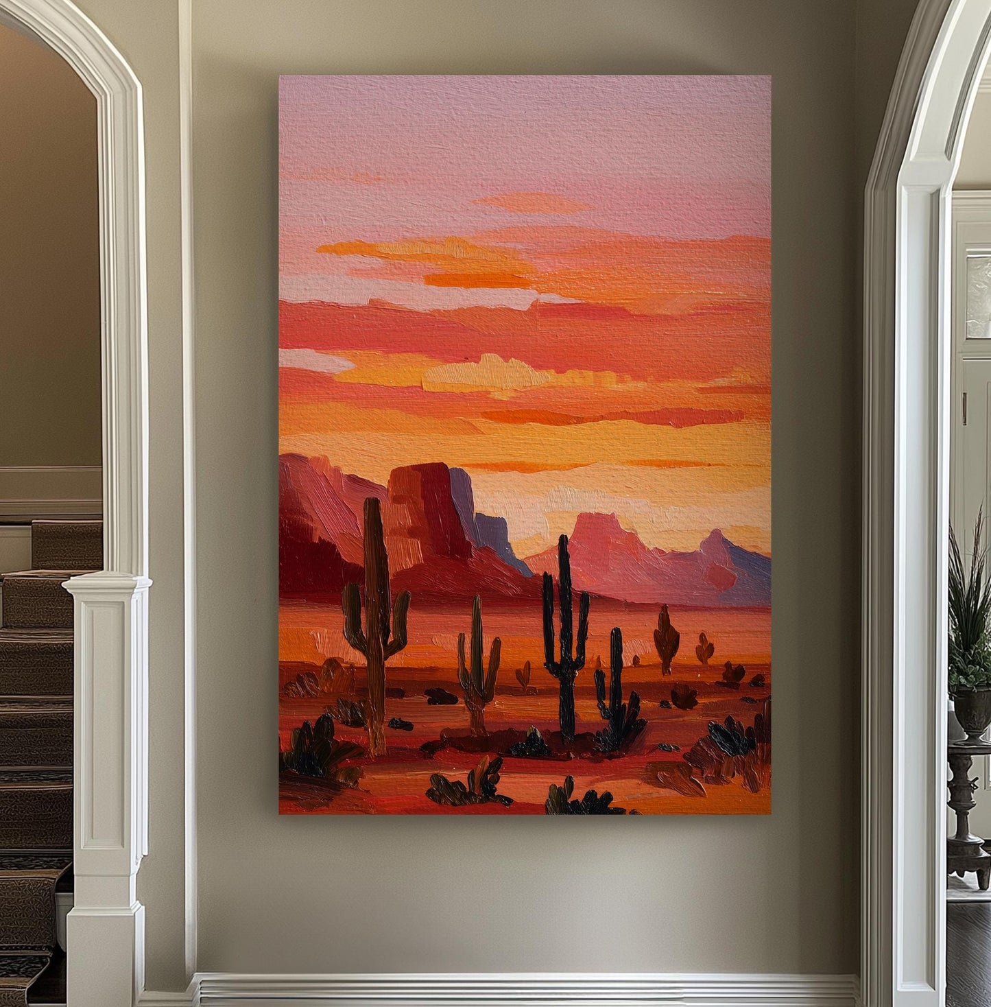 Sunset Cacti Canvas Art Impressionist Landscape Print Southwestern Wall Art For Living Room Desert Sunburst Art Cactus Decor Vertical Canvas