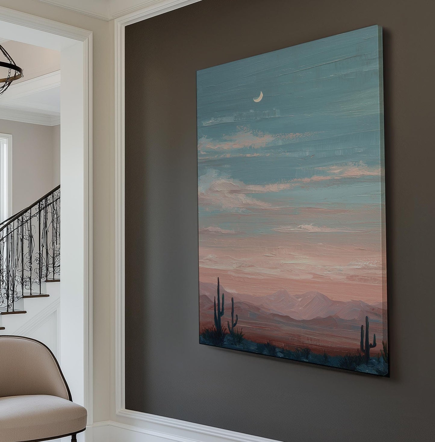 Moonlit Desert Serenity Canvas Art Impressionist Print Bohemian Wall Art For Living Room Twilight Rose Art Landscape Decor Vertical Canvas