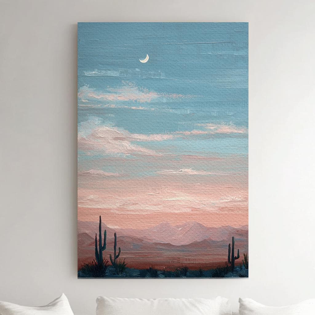 Moonlit Desert Serenity Canvas Art Impressionist Print Bohemian Wall Art For Living Room Twilight Rose Art Landscape Decor Vertical Canvas