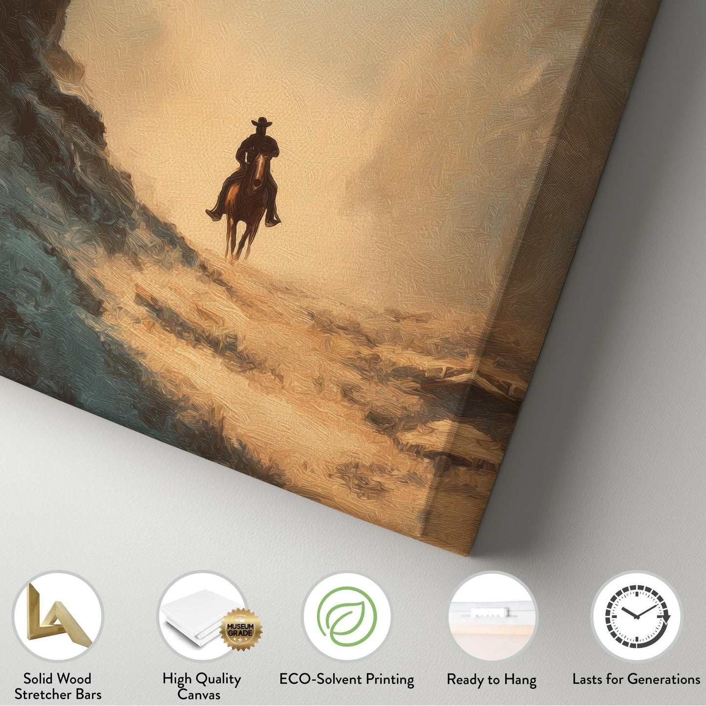 Lone Rider At Dusk Canvas Art Western Landscape Print Rustic Wall Art For Living Room Desert Sand Art Cowboy Journey Decor Vertical Canvas
