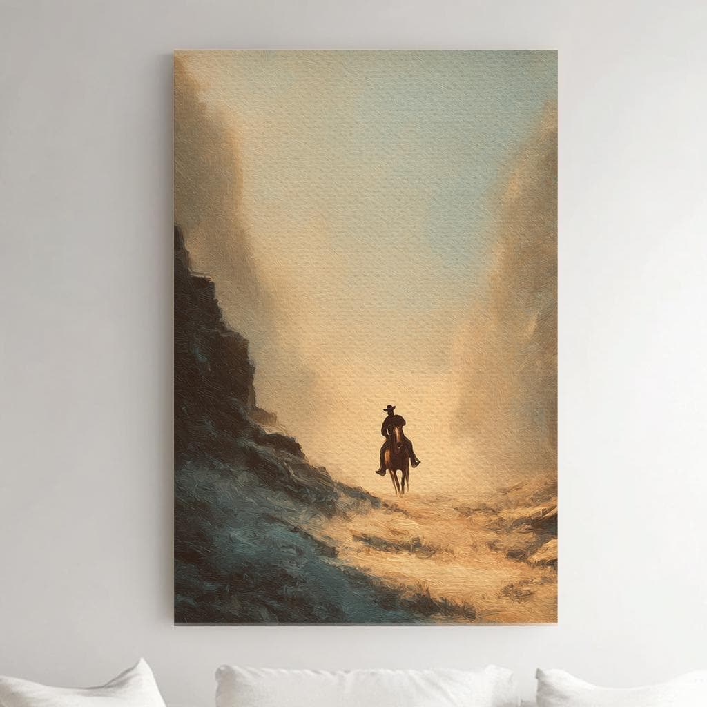 Lone Rider At Dusk Canvas Art Western Landscape Print Rustic Wall Art For Living Room Desert Sand Art Cowboy Journey Decor Vertical Canvas