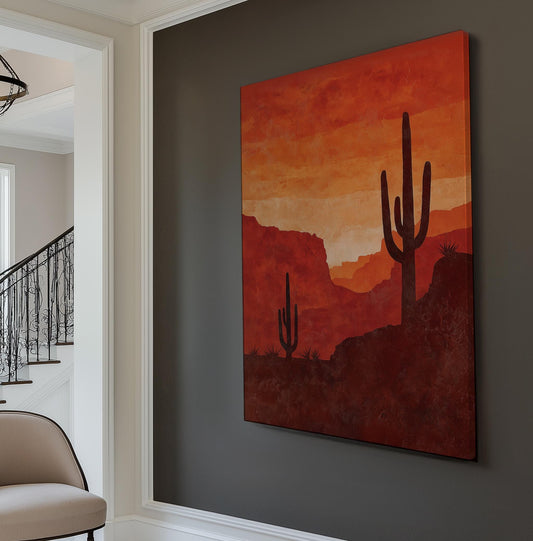 Desert Sunset Cactus Canvas Art: Southwestern Landscape Print