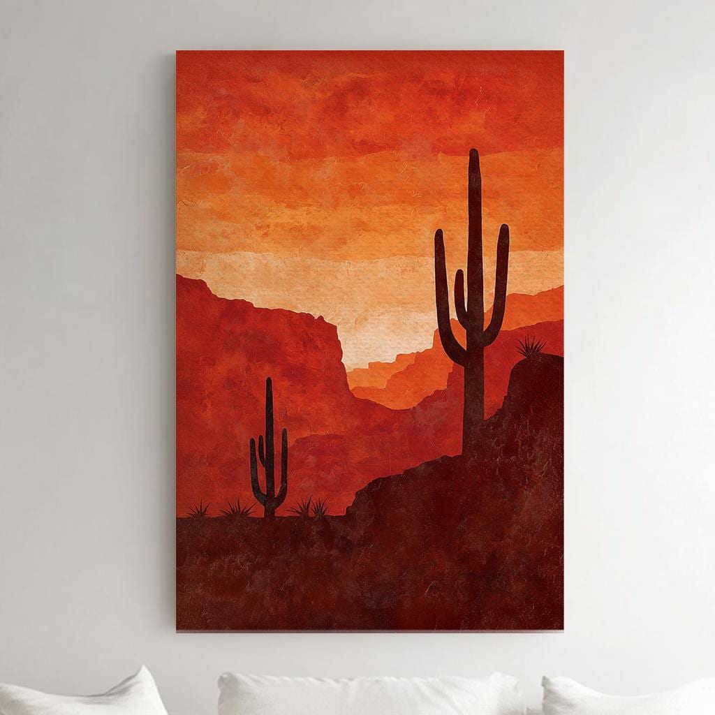 Desert Sunset Cactus Canvas Art: Southwestern Landscape Print